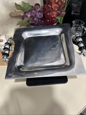 All Silver Square Serving Tray with Decorative Bead Handles - Silver
